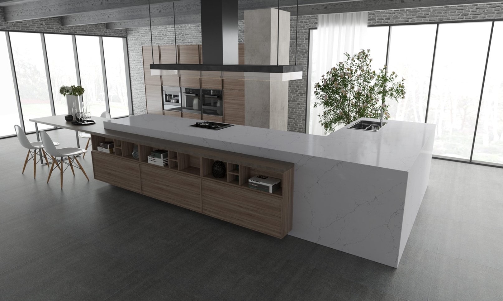 Modern kitchen with full height windows in background