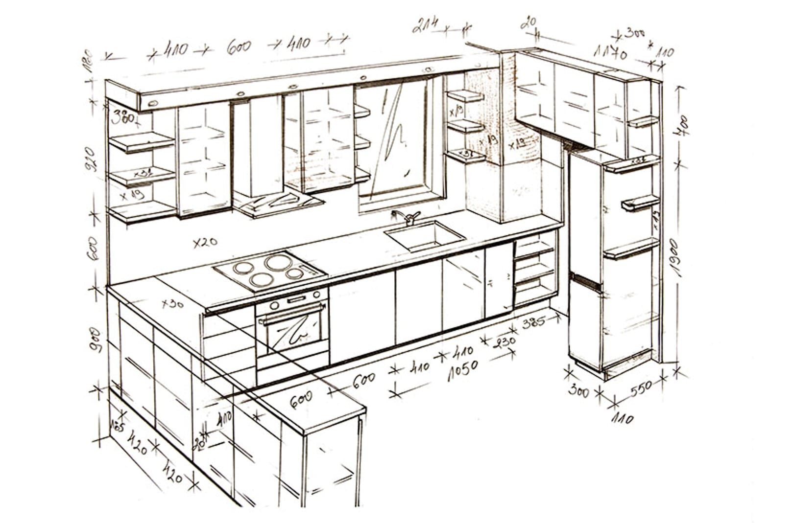 An isometric kitchen plan drawing