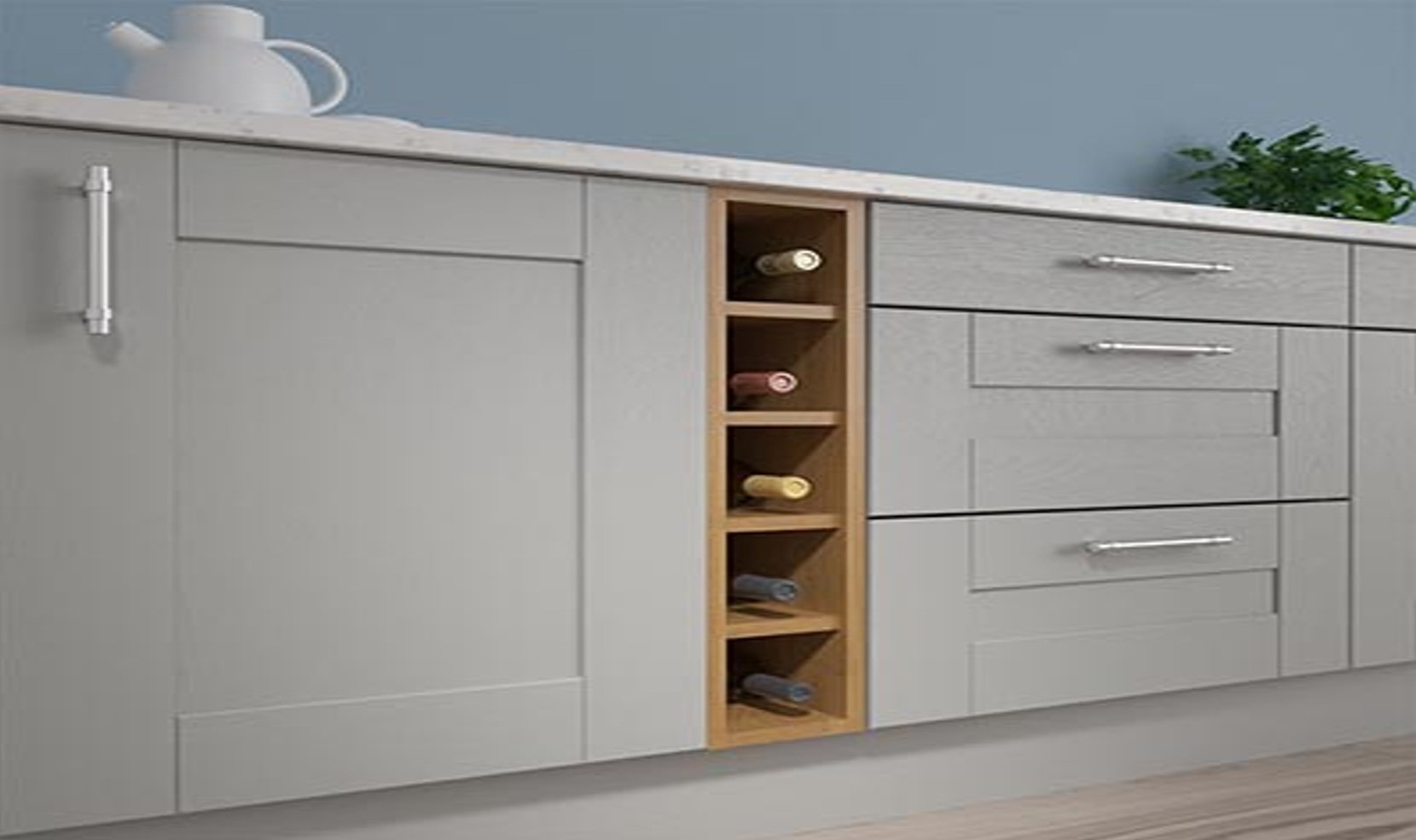 Close up of modern kitchen cupboards with wood grain wine rack built-in.
